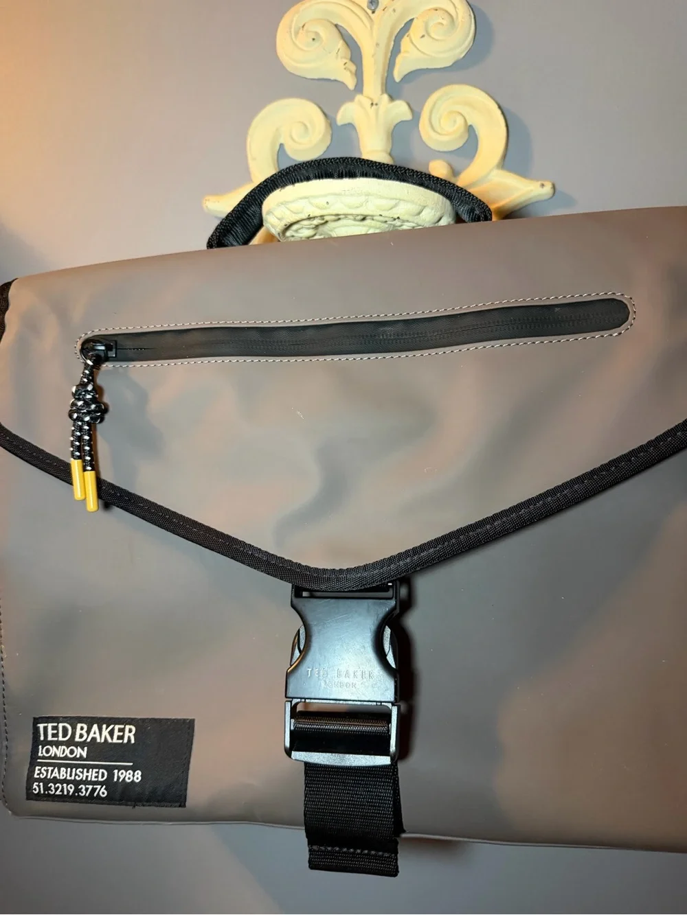 Ted Baker Taupe and Black Messenger Bag with Yellow Accents